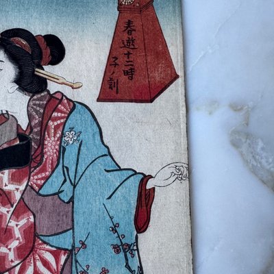 Stampa giapponese antica Toyokuni III Kunisada raffigurante due donne in kimono