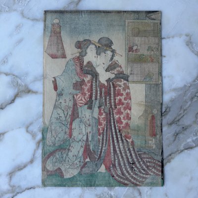 Stampa giapponese antica Toyokuni III Kunisada raffigurante due donne in kimono