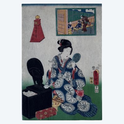 Früher japanischer Holzschnitt Toyokuni III Kunisada Frau mit Spiegel