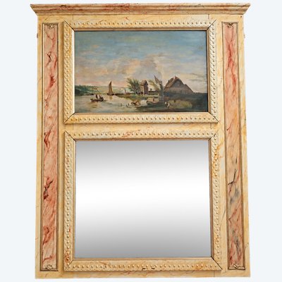 Important overmantel mirror with landscape painting – Faux marble decoration – 19th century