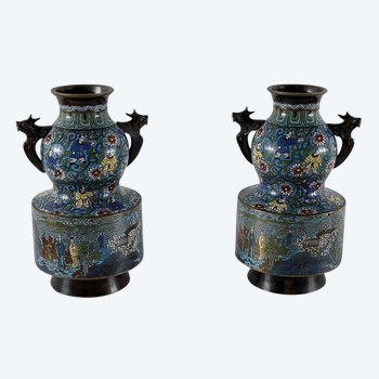 Paire de Vases en Émaux Cloisonnés, Japon – 2ème Partie XIXe