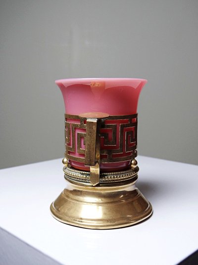 Antique pink opaline glass and gilt brass cup/candle holder, 19th century