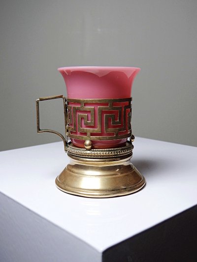 Antique pink opaline glass and gilt brass cup/candle holder, 19th century