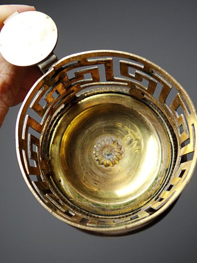 Antique pink opaline glass and gilt brass cup/candle holder, 19th century