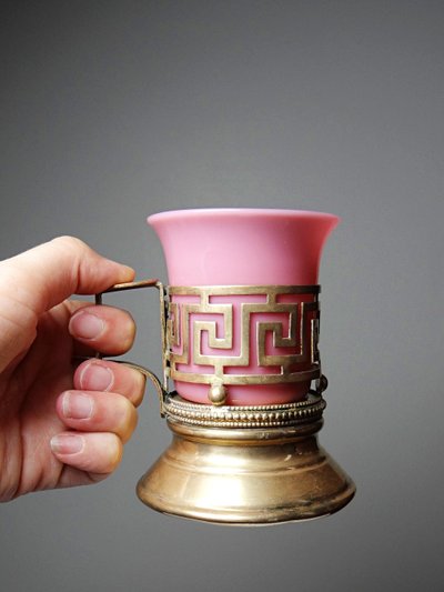 Antique pink opaline glass and gilt brass cup/candle holder, 19th century