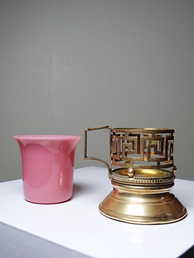 Antique pink opaline glass and gilt brass cup/candle holder, 19th century