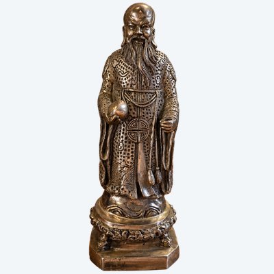 Statuette chinoise de Shoulao en bronze argenté – H. 20 cm