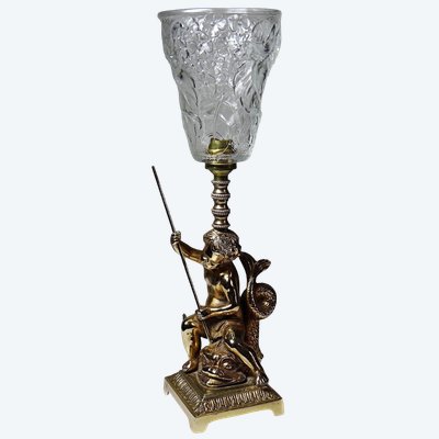 Antike Lampe mit Putto und Delfin aus vergoldetem Metall, ca. 1930-1950