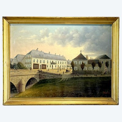 Dipinto del XIX secolo - Veduta di una città con ponte e figure - Olio su tela