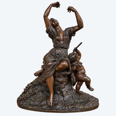 IMPORTANTE SCULPTURE EN BRONZE – FEMME DANSANT AVEC PUTTO – SIGNÉE LEQUESNE – XIXE