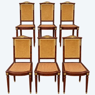 SUITE DE 6 CHAISES DE SALLE À MANGER DE STYLE EMPIRE – ACAJOU, BRONZES DORÉS ET CANNAGE