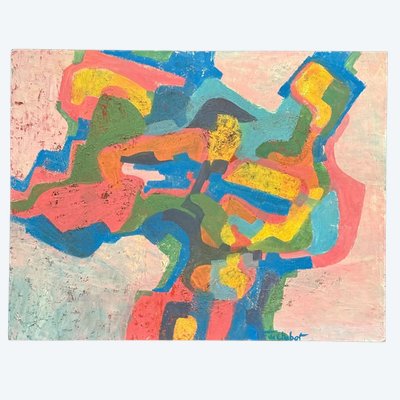 Olio su cartone, composizione moderna di François de Chabot, 1960