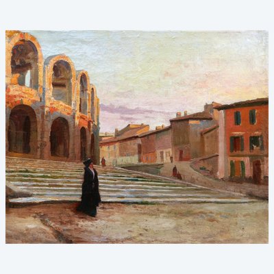 Attribuito a Frédéric MONTENARD, Arlesiana di fronte all'antico teatro di Arles, dipinto (paesaggio)