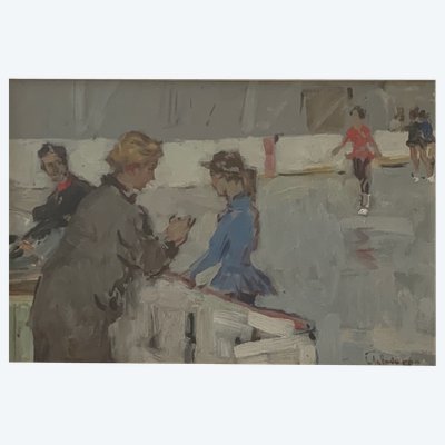 Olio su pannello rigido, 1960, raffigurante pattinatori sul ghiaccio e giudici.