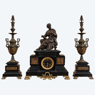 Bronze and black marble mantelpiece set – Antique figure clock and pair of candelabra