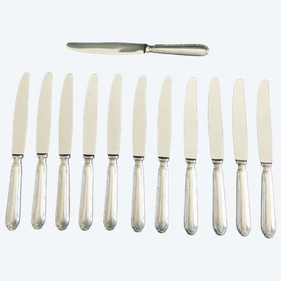 Ercuis Trianon 12 große, versilberte Tafelmesser in sehr gutem Zustand, 24,5 cm lange Klinge aus Edelstahl.