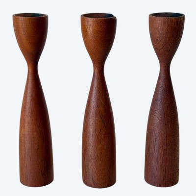 Trio of teak “Tulip” candlesticks – Denmark, circa 1960