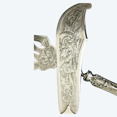 Fischbesteck-Set aus dem 19. Jahrhundert mit massivem Silbergriff, Minerva-Punze, Napoleon III. Ära.