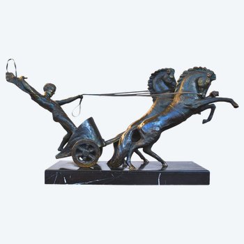 Bronze Représentant Char Romain Socle Marbre Par Michel Decoux
