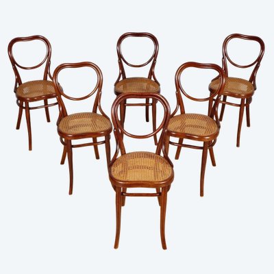 Satz von 6 Thonet-Stühlen Nr. 28, Herzmodell, aus gebogenem Buchenholz, um 1900