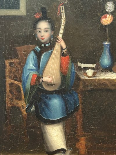 Oil painting on canvas of a young Asian woman playing the pipa - 19th century Chinese school