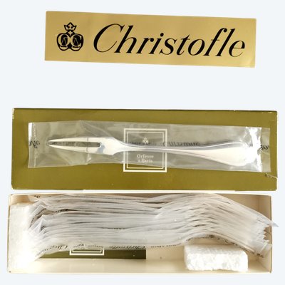 Christofle Pompadour 12 versilberte Schnecken- und Muschelgabeln, neuwertiger Zustand, in Blisterverpackung