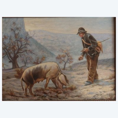 J. Laghette - Caccia al tartufo con un maiale - olio su tavola - XIX secolo - Provenza
