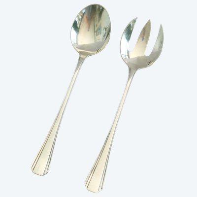 Christofle Boréal, von Luc Lanel, großes Servierset, Art Deco, versilbertes Metall-Salatservice