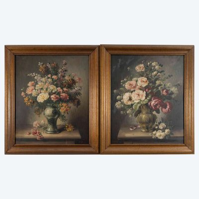 Zwei Stillleben mit Blumensträußen – Öl auf Leinwand – 19. Jahrhundert
