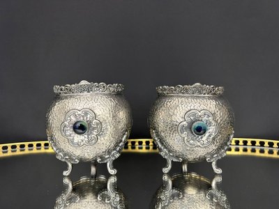 Pair of English silver-plated metal cachepots, Edwardian period
