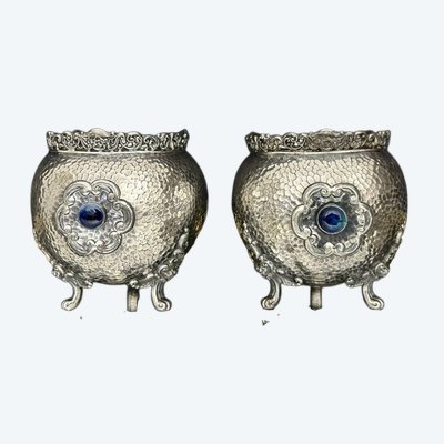Paar englische, versilberte Metallübertöpfe aus der Edwardianischen Zeit