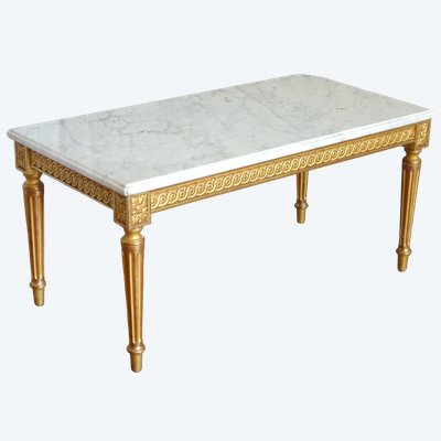 Tavolino da caffè in stile Luigi XVI in legno dorato con foglia d'oro e marmo bianco