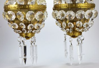 Pair Of Golden Brass And Crystal Sconces