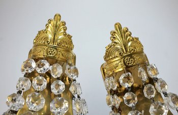 Pair Of Golden Brass And Crystal Sconces