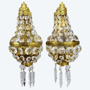 Pair Of Golden Brass And Crystal Sconces