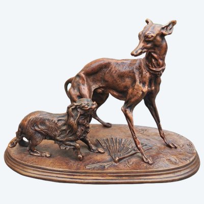 Bronzegruppe von Windhunden und King Charles Spaniels, signiert Pierre Jules Mene