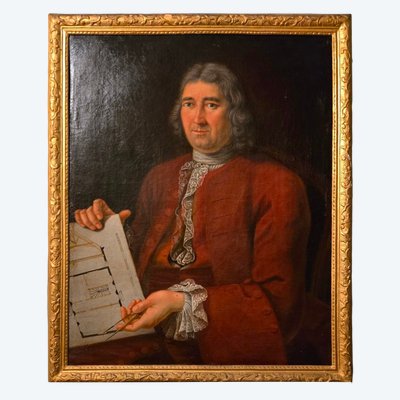 Portrait of an architect with a compass Oil on canvas signed and dated 1757 18th century.