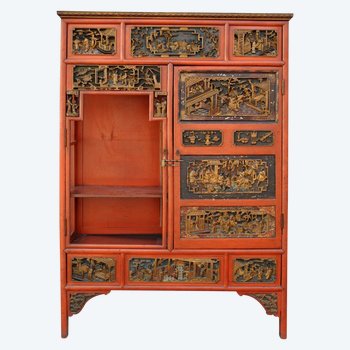 Chinese Cabinet Lacquered Coral Red And Carved Late Nineteenth