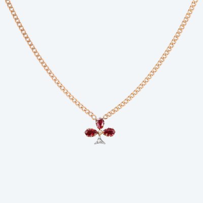 Rose Gold Necklace With Clover, Ruby, Diamonds, And A Fine Pearl