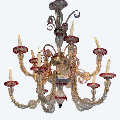 Rezzonico Venetian chandelier made of clear and red Murano glass, circa 1900