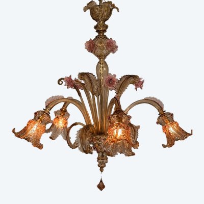 Lustre vénitien en verre de Murano mordoré et rose, 5 bras de lumière, vers 1930