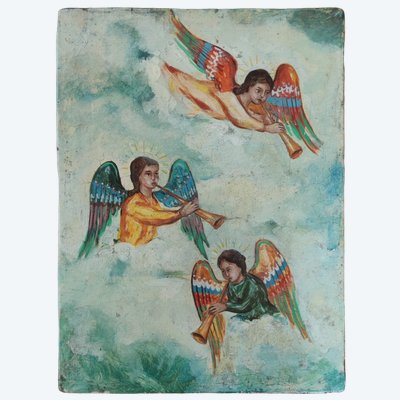 Antique religious painting on wood depicting musical angels