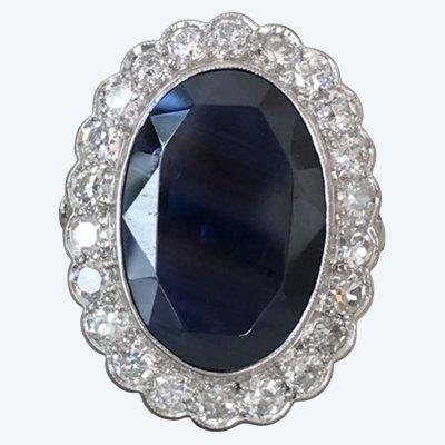 Important daisy ring in 18K white gold with sapphire and diamonds