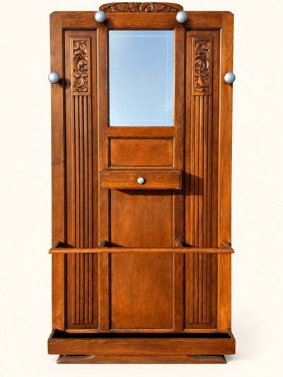 Art-Déco-Garderobe Massivei​che Geschnitzter Facettenspiegel 1930
