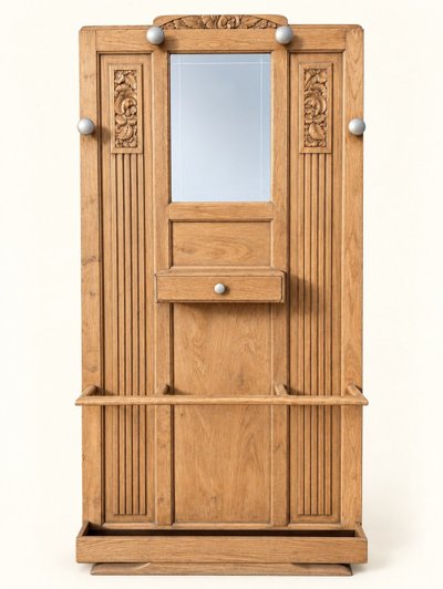 Art-Déco-Garderobe Massivei​che Geschnitzter Facettenspiegel 1930