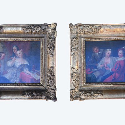 Coppia di pannelli in legno del XVIII secolo; scene di genere