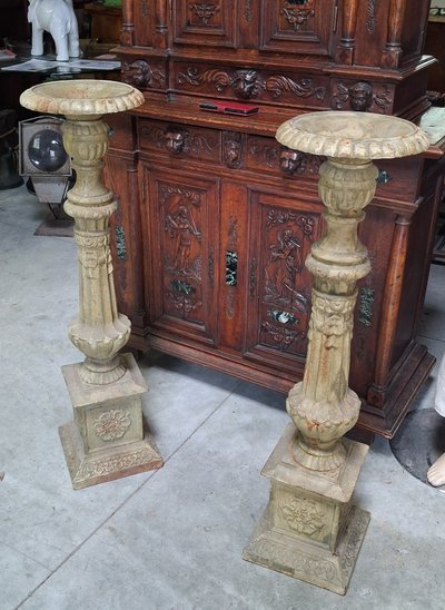 Pair of large cast iron candlesticks – Neo-Renaissance style – 20th century