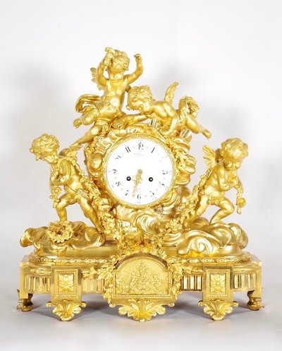 Louis XVI style gilt bronze fireplace set signed Denière, circa 1860