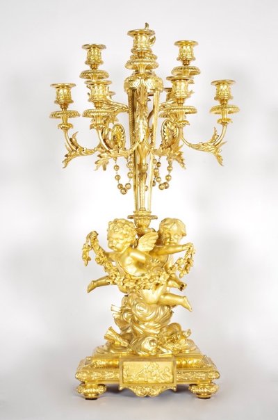 Louis XVI style gilt bronze fireplace set signed Denière, circa 1860