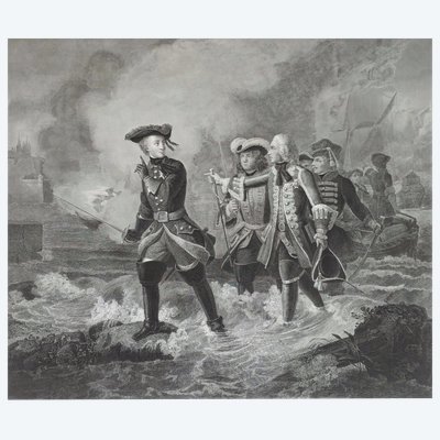 Grande incisione della battaglia di Carlo XII di Svezia, tratta da Schnetz, XIX secolo.